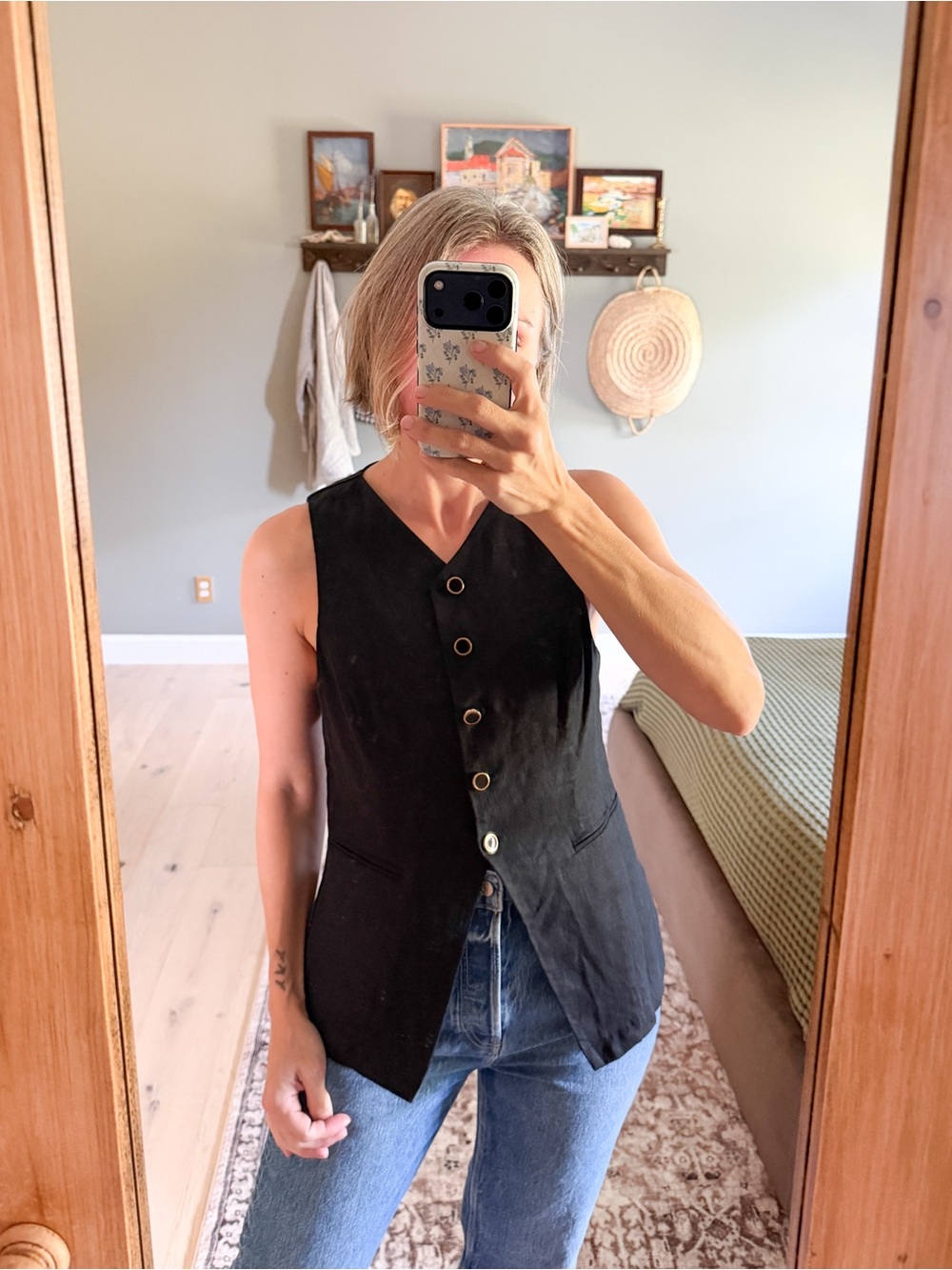 Reformation Aspen Black Linen Longline Vest Gold Buttons M